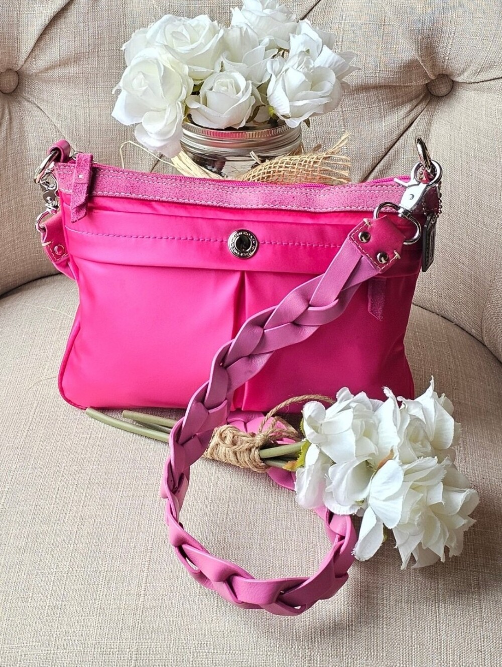 Vintage Coach Mini Satin Demi Shoulder Bag W/Braided Leather Shoulder Strap